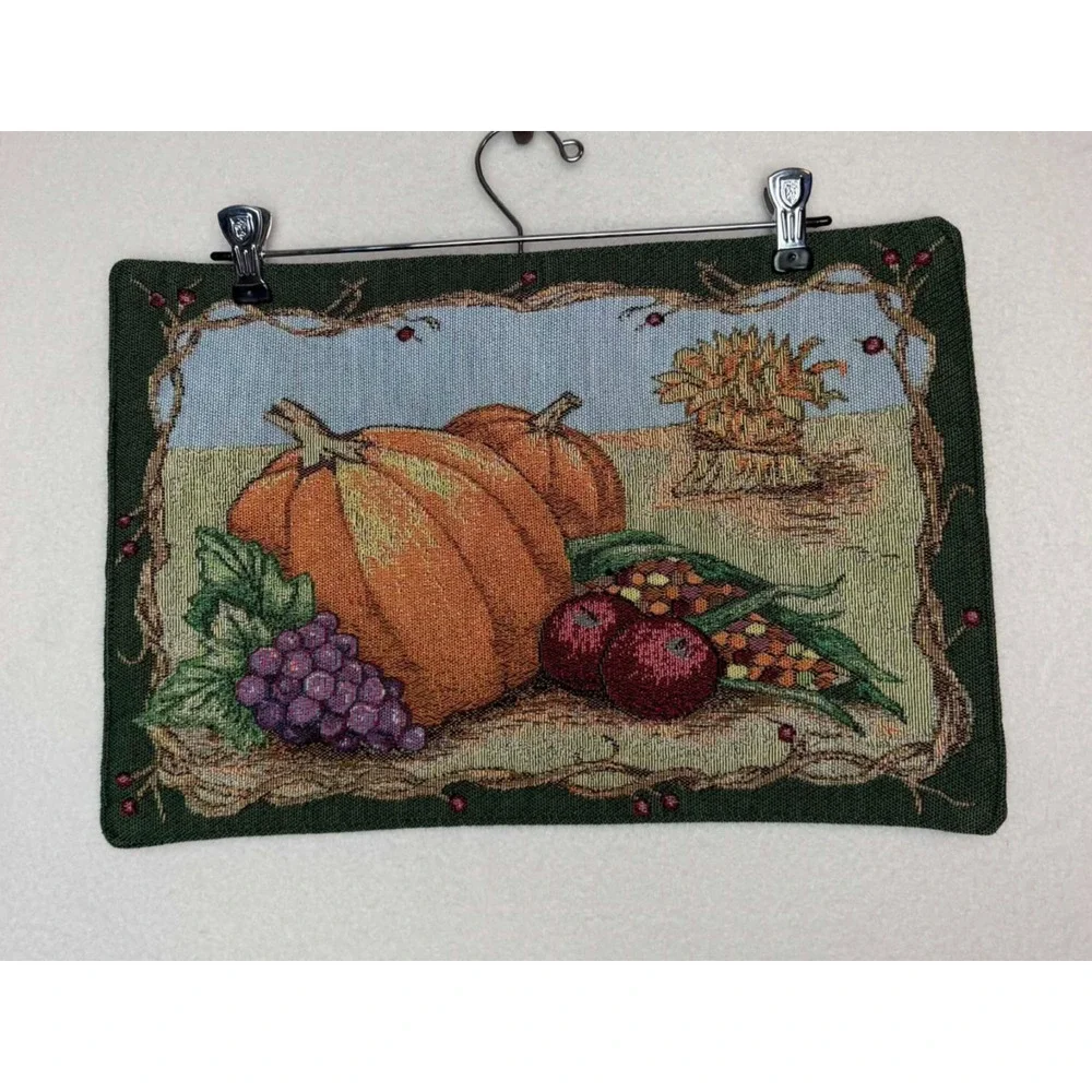 Fall Harvest Tapestry Placemats Pumpkin Autumn Leaves Reversable Set of 2